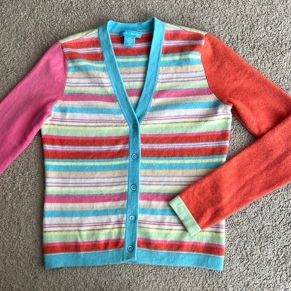 White + Warren Sweaters - White + Warren Multicolor Striped Button Up Cashmere Sweater Cardigan